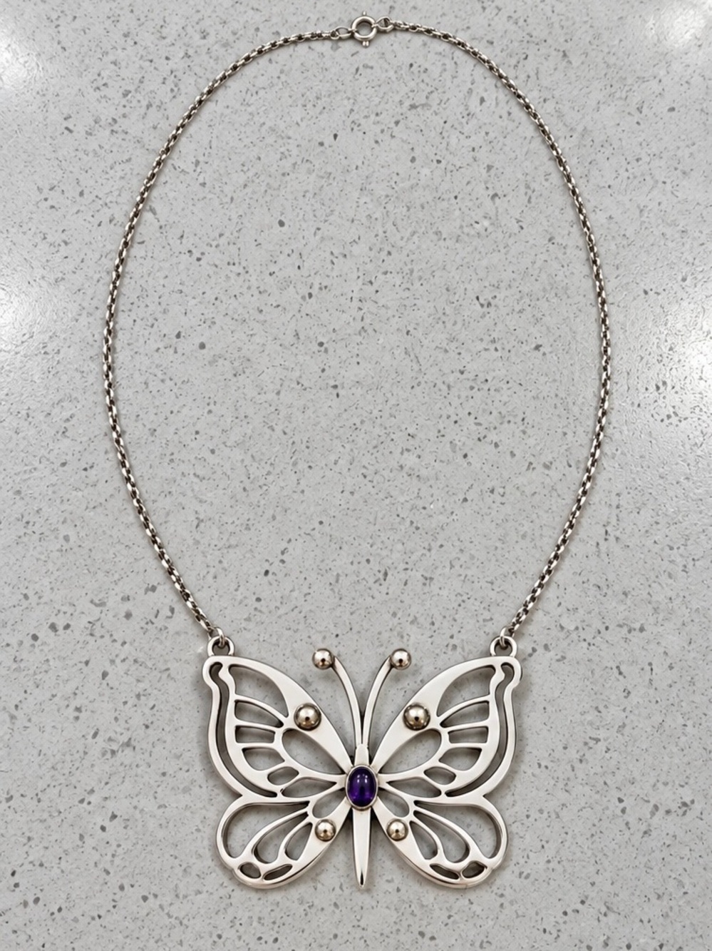 Rare vintage sterling Silver Butterfly Pendant Necklace with Purple Stone